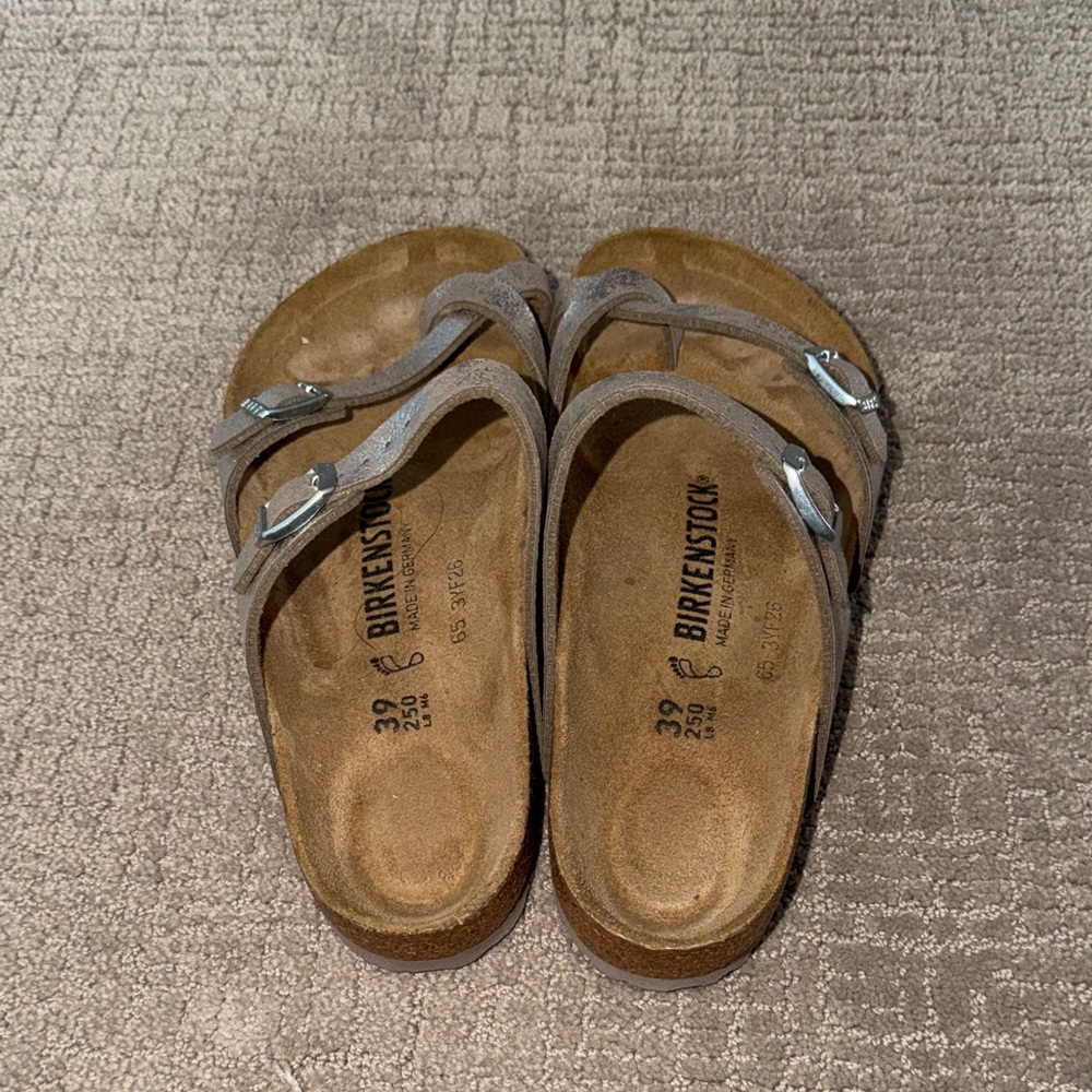 Birkenstock Metallic Silver Two-Strap Crisscross Sandals - Picture 3 of 5